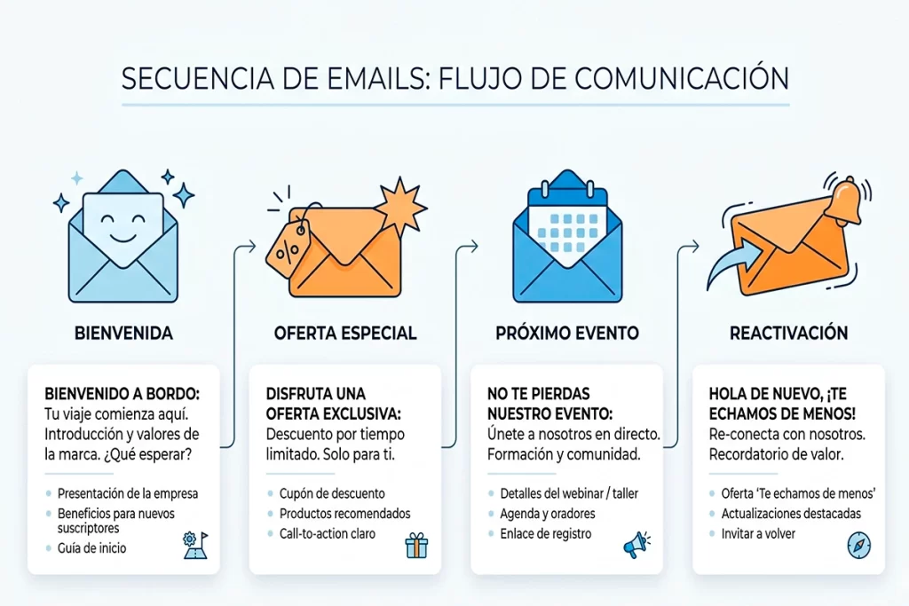 Infografía de secuencia de email marketing para restaurantes en cuatro etapas: bienvenida, oferta especial, próximo evento y reactivación de clientes