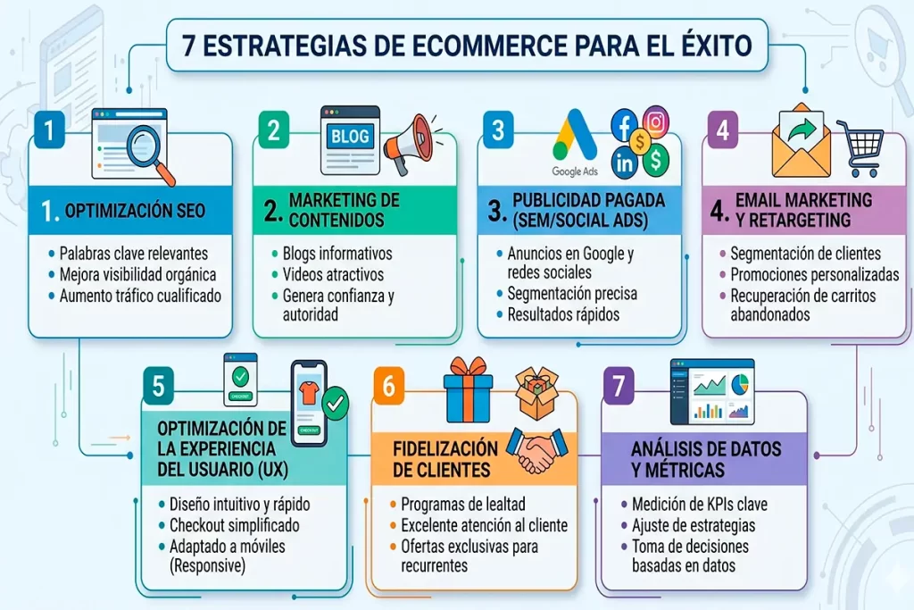 Infografía con siete estrategias de ecommerce: SEO, marketing de contenidos, publicidad pagada, email marketing.