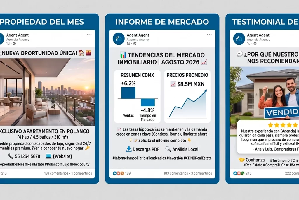 Mockup de tres tipos de posts de LinkedIn para inmobiliaria de lujo: propiedad del mes
