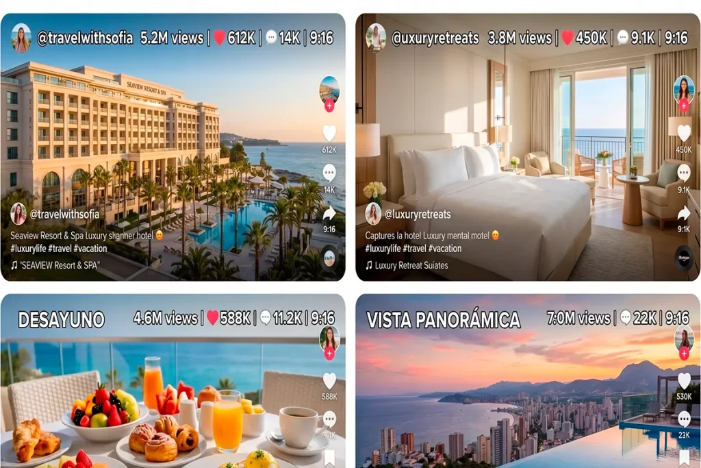Mockup de cuatro videos virales de TikTok para hoteles boutique: exterior resort, habitación de lujo
