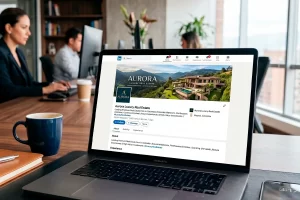 Laptop mostrando perfil de LinkedIn de inmobiliaria de lujo en Colombia con 25,284 seguidores