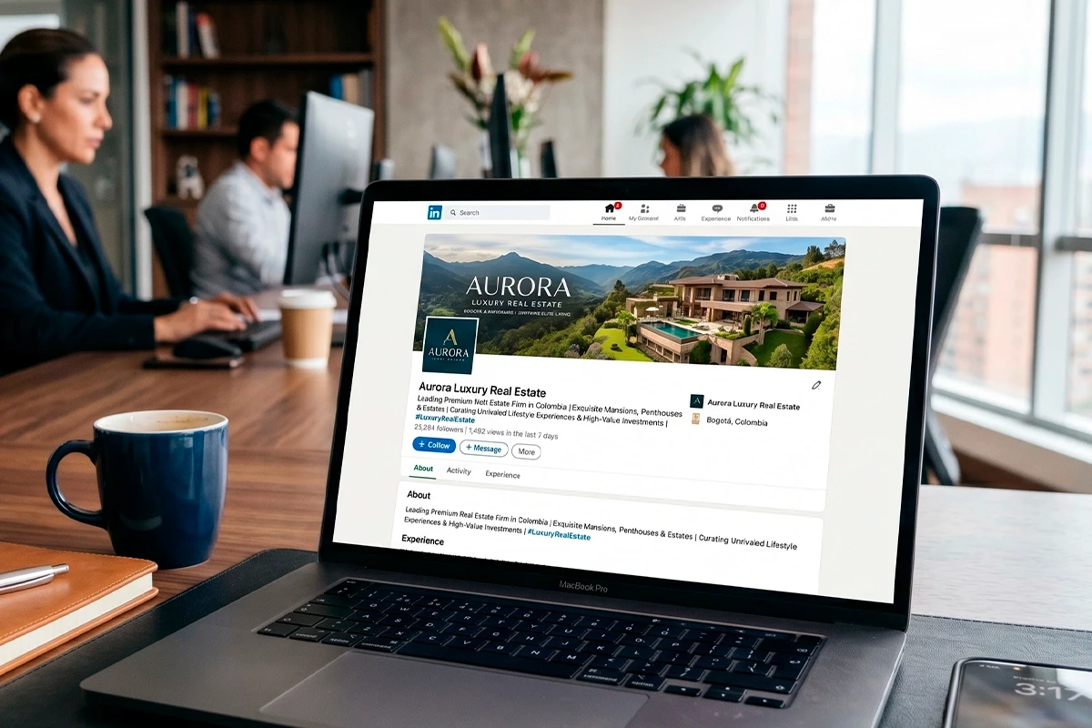 Laptop mostrando perfil de LinkedIn de inmobiliaria de lujo en Colombia con 25,284 seguidores