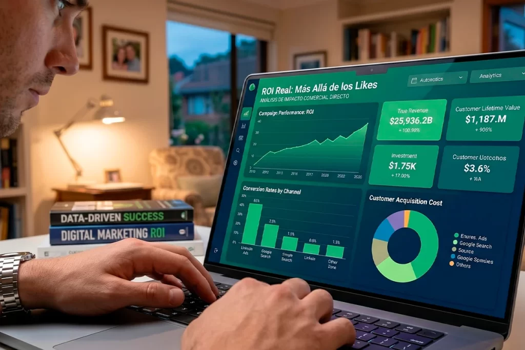 Profesional analizando dashboard de ROI de marketing digital con métricas de conversión por canal