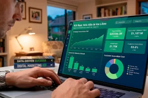 Profesional analizando dashboard de ROI de marketing digital con métricas de conversión por canal