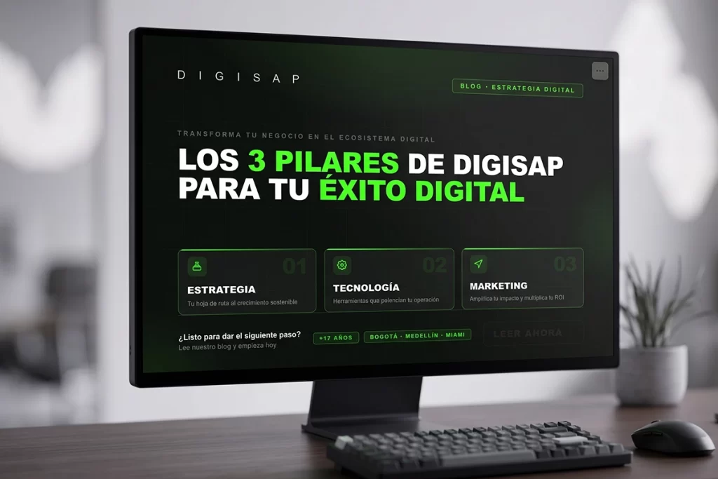 Monitor mostrando los tres pilares de Digisap para el éxito digital