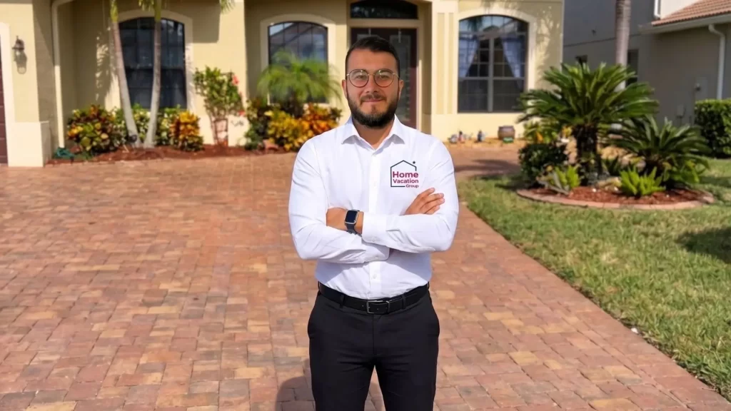Sebastián Rodríguez, CEO de Home Vacation Group con una casa al fondo con ventanas de vidrio y plantas a su alrededor.